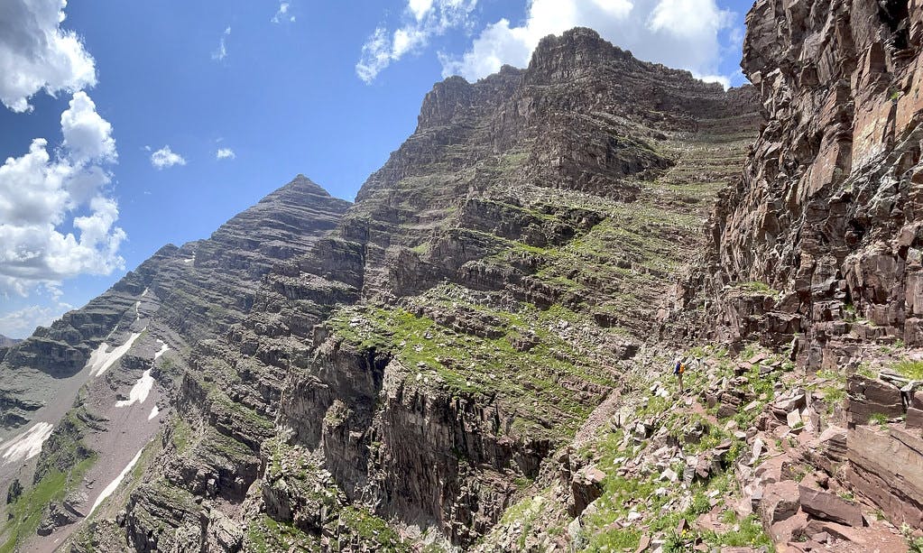 At the bottom of North Maroon’s second gully, looking back towards the two peaks.
